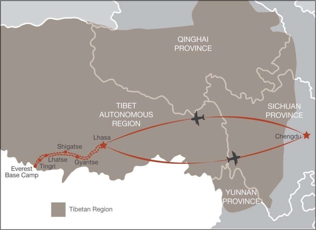 Map of route from Chengdu
